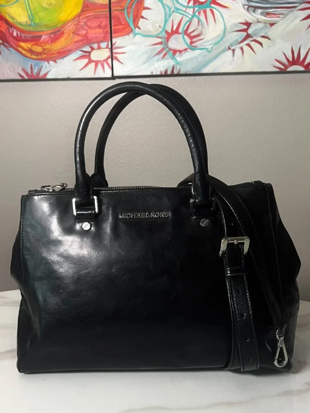 Michael Kors Sutton Medium Black Leather Satchel Crossbody Silver Hardware